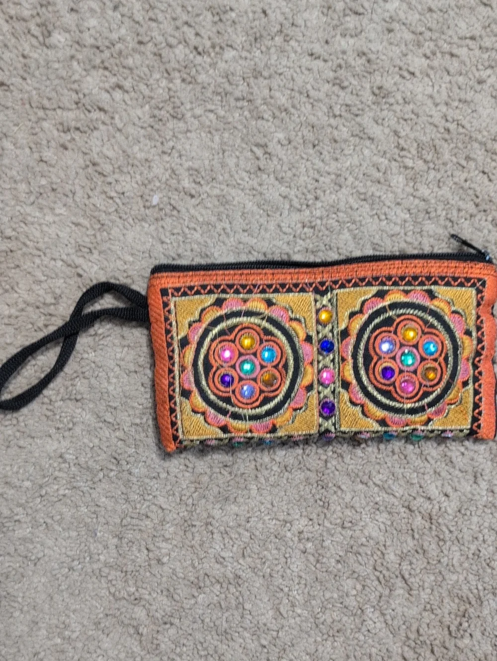 Embroidered Orange Beaded Wristlet Bag